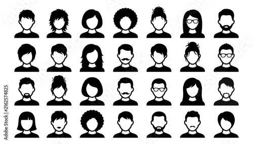 Collection of diverse people avatars with different hairstyles and facial features in a flat black silhouette
