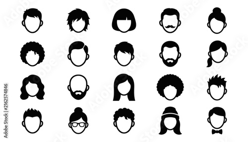 Collection of diverse human face avatars featuring various hairstyles and facial features in a flat silhouette