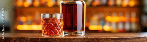 Whiskey bottle and a glass of bourbon standing on a wooden bar counter