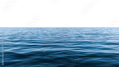 Deep blue ocean water surface on white background, calm sea ripples with horizon line, isolated aquatic texture for design