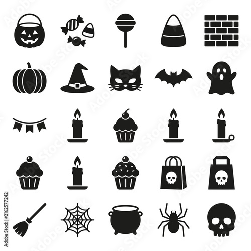 Collection of spooky halloween icons including pumpkins candy ghosts and witch elements