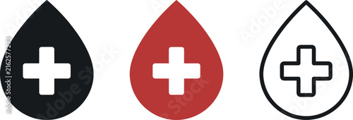 Medical blood drop icon set featuring red plus cross symbol and modern halftone effect.