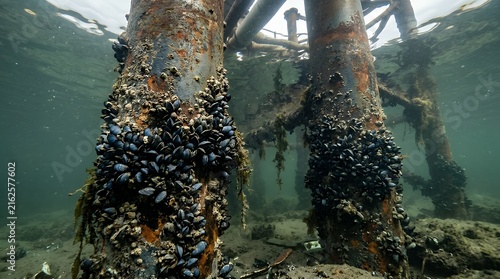 Industrial support columns submerged in marine environments heavily coated with shellfish clusters and oxidation patches demonstrating oceanic weathering effects pier pilings metal rust corrosion