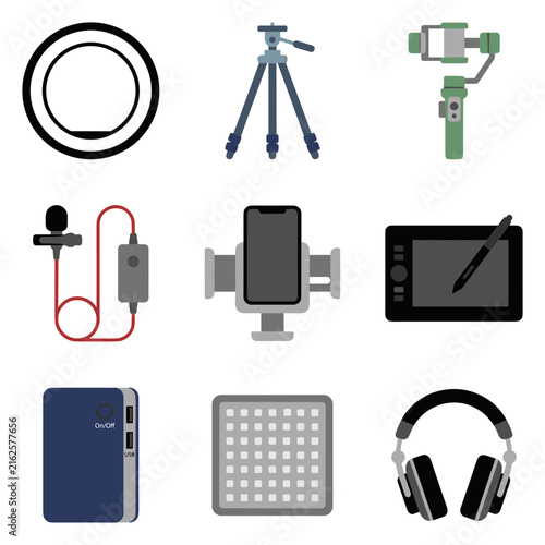 Digital content creation equipment and vlogging gear flat vector icons