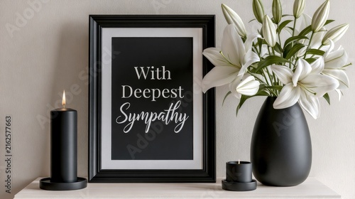 altar with photo frame white lily flowers and candle at home