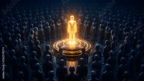 Glowing orange businessman silhouette standing on a tiered podium surrounded by a dark crowd representing corporate leadership and executive success