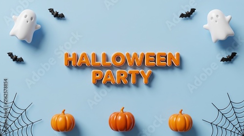 Halloween party invitation with flying ghosts and pumpkins