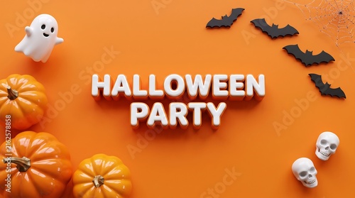 Halloween party decorations with text and autumn leaves