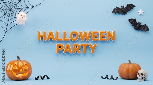 Halloween party with pumpkins bats and text in sky blue background