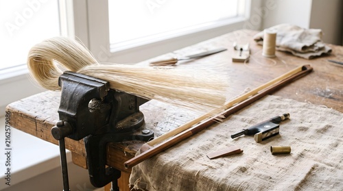 A hank of white horsehair clamped in a bench vice during the process of rehairing a violin bow in a luthier workshop.