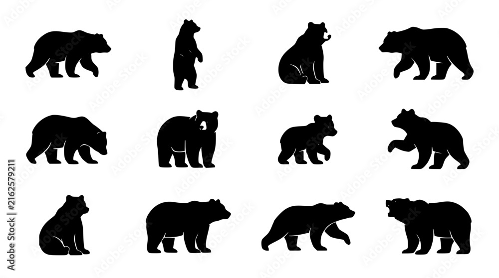 Fototapeta premium Bears, a Set of Silhouette Icons Depicting Various Poses and Stances, Perfect for Design Projects