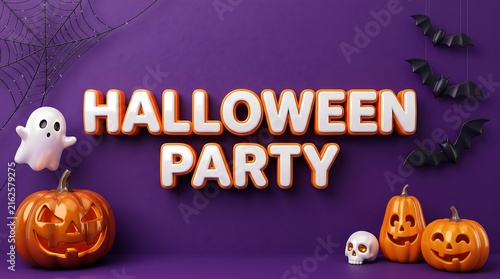 Halloween themed 3 d text banner with pumpkins and ghost
