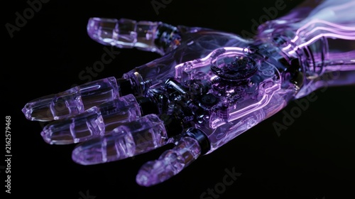 Human hand transforming into a cyborg, integrating advanced bionic technology with glowing purple neon lights. Representing future ai, robotics, and evolution