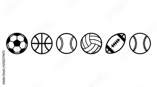 Sports Balls Set, Including Soccer, Basketball, Volleyball, Rugby, and Baseball Icons