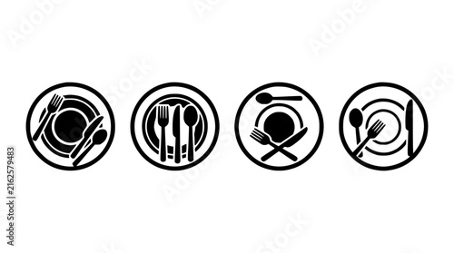 Tableware Icons Set with Plates, Forks, Knives, and Spoons. Simple Flat Design, Restaurant Symbol, Culinary Illustration