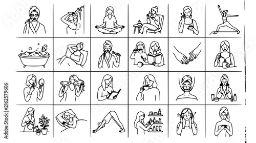 Spa Routine Icons Set with Women Relaxing, Cleansing, and Grooming. Wellness Concept Illustration