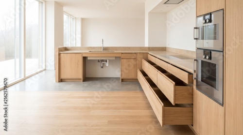 Construct spacious accessible kitchen featuring lowered sink open drawers and modern integrated appliances