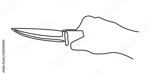 Human hand firmly holding large tactical knife one line art, military survival dagger hunting tool, continuous line drawing, dangerous weapon self-defense concept. Editable stroke. Isolated vector