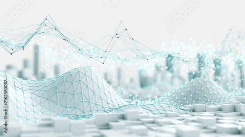 Abstract network visualizing big data flow and artificial intelligence algorithms across a digital landscape with connected information