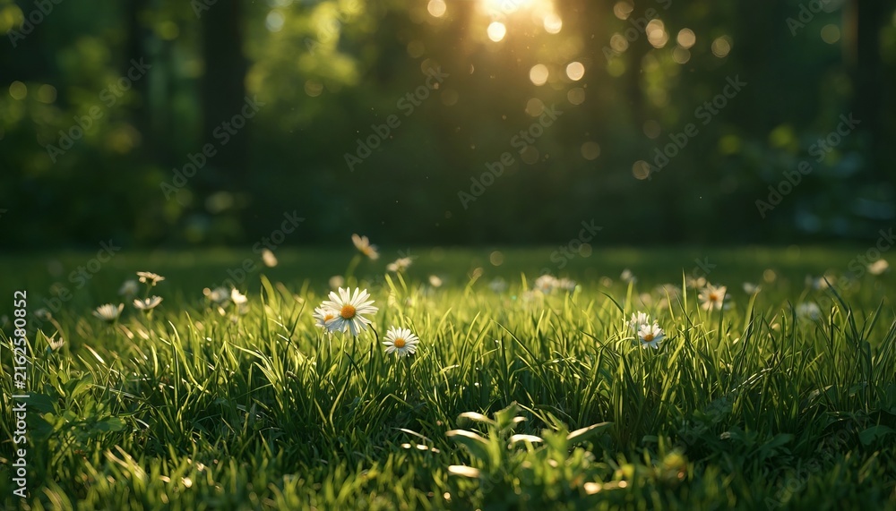 Fototapeta premium A Serene Meadow Filled with Beautiful Wild White Daisies Blooming Under Soft Spring Sunlight