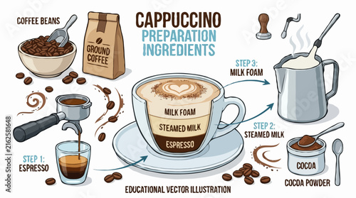 Cappuccino Preparation and Ingredients. An illustration showing the steps involved in making a cappuccino, including espresso, steamed milk, and milk foam, with ingredients like coffee beans.
