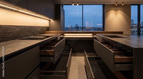 Showcase dark modern kitchen island featuring open empty wooden drawers against city skyline window