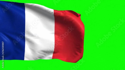 France Flag Waving in the Wind on Green Screen Background, French National Flag Chroma Key