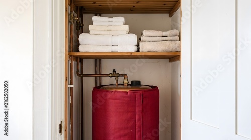 A domestic airing cupboard containing an insulated hot water tank and stacks of folded white towels.