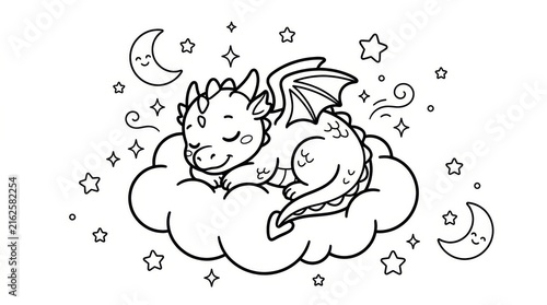 Cute Baby Dragon Sleeping on a Cloud Coloring Page for Kids