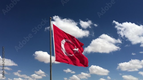 Turkey Flag Waving in a Bright Blue Sky - Cinematic National Pride, Crescent - Star Fluttering in the Wind power energy 