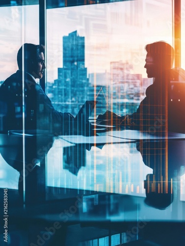 Businessmen collaborate in contemporary office with skyscraper view through the window