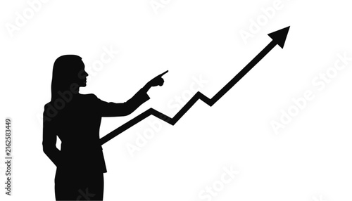 Businesswoman silhouette pointing at a rising financial growth graph chart showing upward commercial success trends.