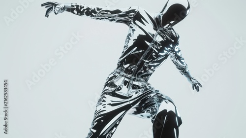 Abstract black liquid figure morphing from chrome material, creating a dynamic splash on a light background, symbolizing futuristic movement
