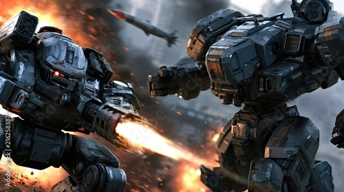 Two heavily armed mech robots are fighting with weaponry and missiles in a fiery urban battlefield, depicting intense futuristic combat and war
