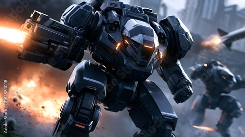 Powerful combat robot firing a weapon on a war torn urban battlefield with explosions, smoke, and a missile flying through the air during intense futuristic warfare