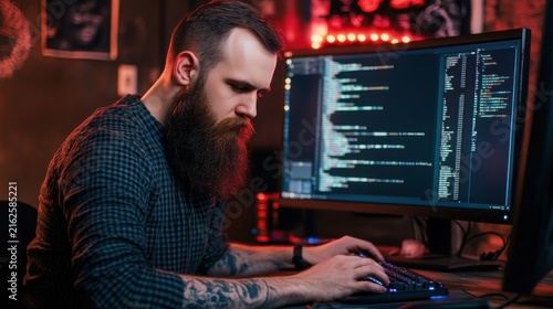 Focused programmer coding with concentration in a dimly lit creative workspace
