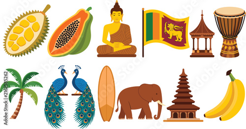 Sri Lanka culture travel elements vector set with flag, buddha, elephant, peacock, tropical fruits isolated on white background