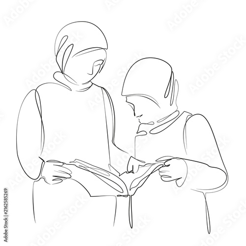 One continuous line drawing on white isolated background. Minimalism linear illustration. person, student, education, muslim, girl, female, islamic, arab, arabian, islam