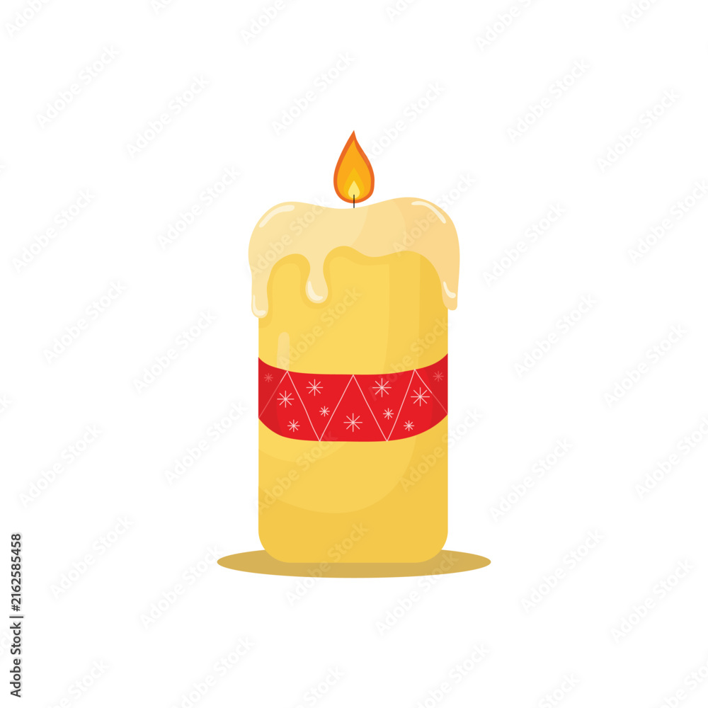 Obraz premium Isolated hand-drawn candle with red ribbon band and flame. Vector cartoon illustration for Christmas decor, cards, stickers and prints