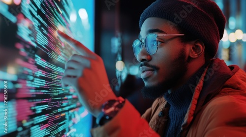 man coding, computer screen, programmer