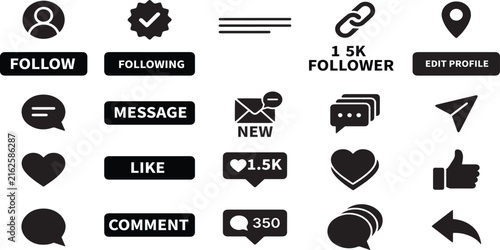 Social media UI interface icon set black silhouette for mobile app.