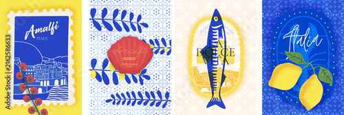 Vintage Italian summer Amalfi lemon pattern vector. Mediterranean blue tile seamless postcard background design. Retro watercolor sea lobster picnic invitation stamp poster template.