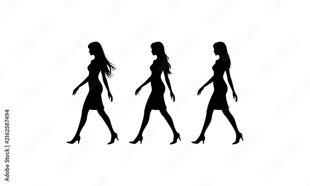Obraz premium Three silhouetted figures walking in a row, minimalist style monochrome