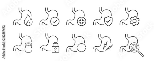 Foto Stomach disease symptoms line icon set with gastric pain, digestion, medical car
