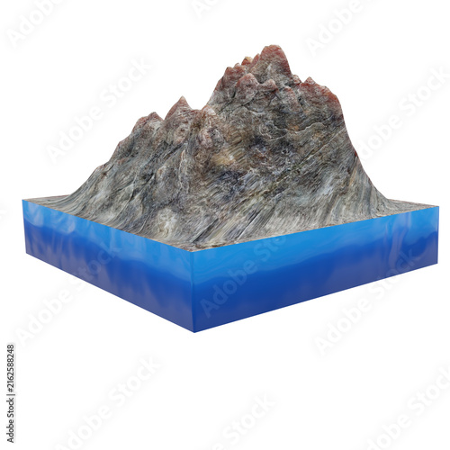 Isometric 3D rocky mountain peak on water terrain cross section, mountain PNG