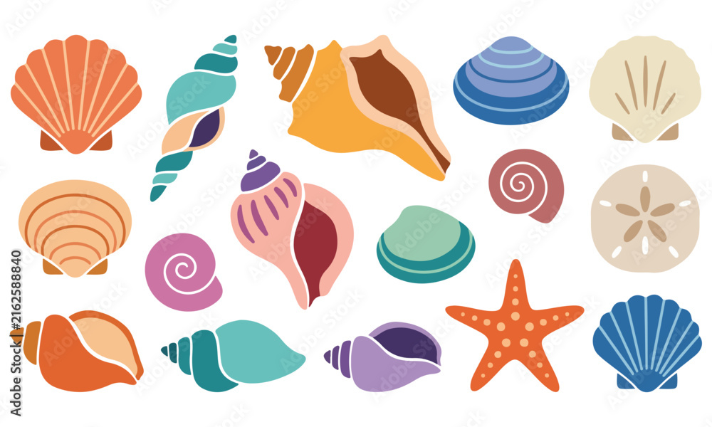 Obraz premium Colorful seashell and starfish collection with various ocean shells