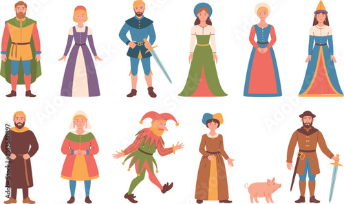 Photography Medieval characters vector set, featuring king queen knight princess jester peas