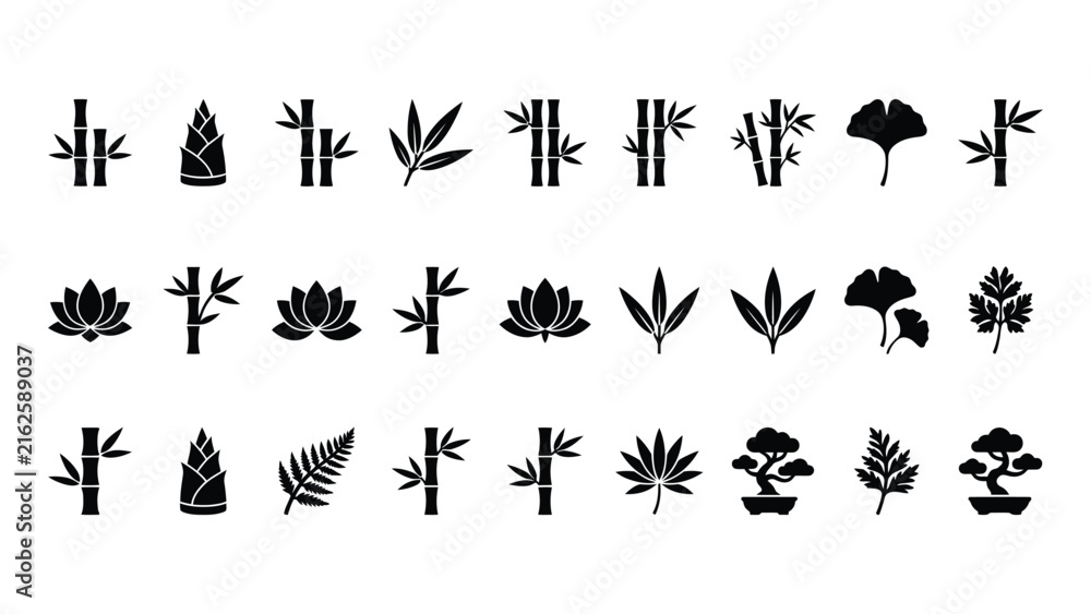 Fototapeta premium Bamboo and botanical plant silhouettes featuring lotus leaves and bonsai trees for interior decor designs