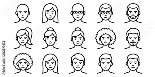 Diverse group of sketched faces representing a variety of people with different hairstyles and facial features