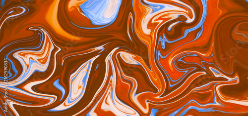 Vibrant Orange and Blue Abstract Liquid Marble Background with Dynamic Swirling Patterns. Bold Orange Blue and White Fluid Art Texture with Flowing Abstract Marble Waves.
